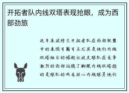开拓者队内线双塔表现抢眼，成为西部劲旅